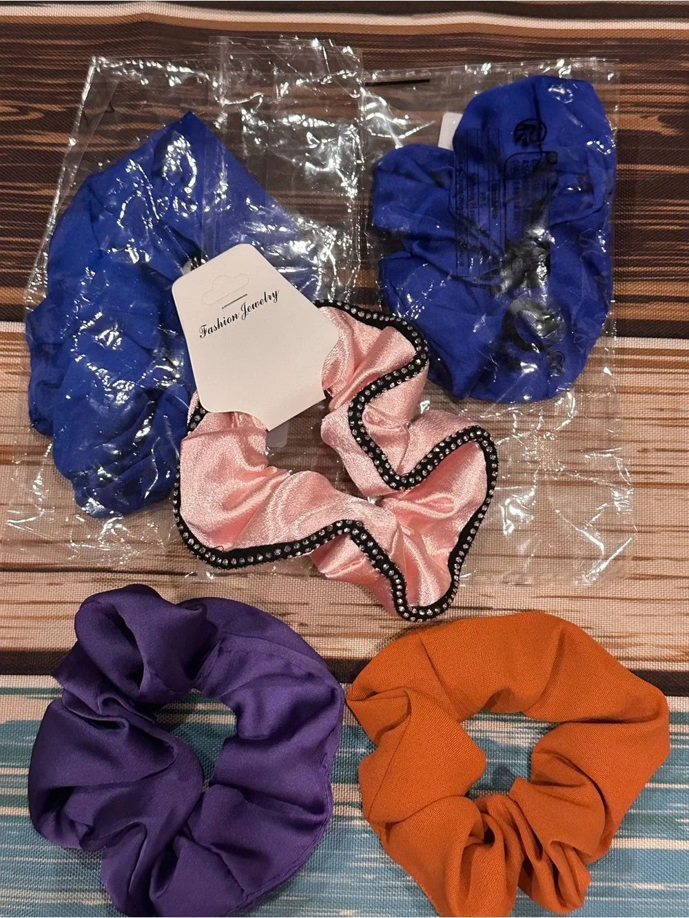 Assorted Satin Scrunchie Set - Blue, Pink, Purple, Orange